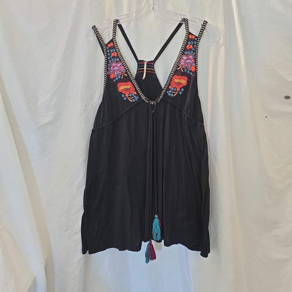 Free People Lovers Cove‎ Embroidered Halter Dress Black Boho-chic Linen Blend XS